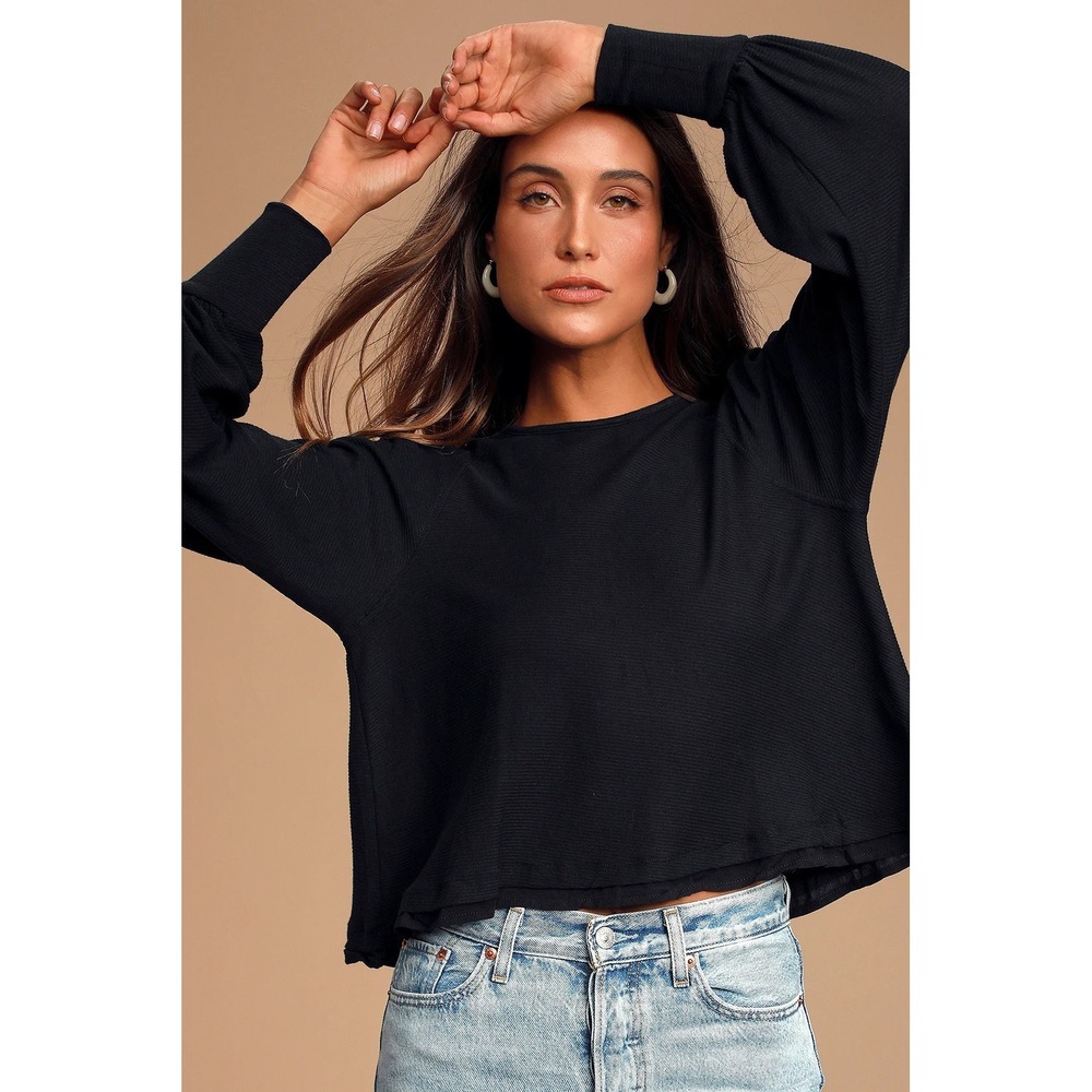 Free‎ People S Billie Black Ribbed Knit Tee Balloon Sleeve Pleated Back Top
